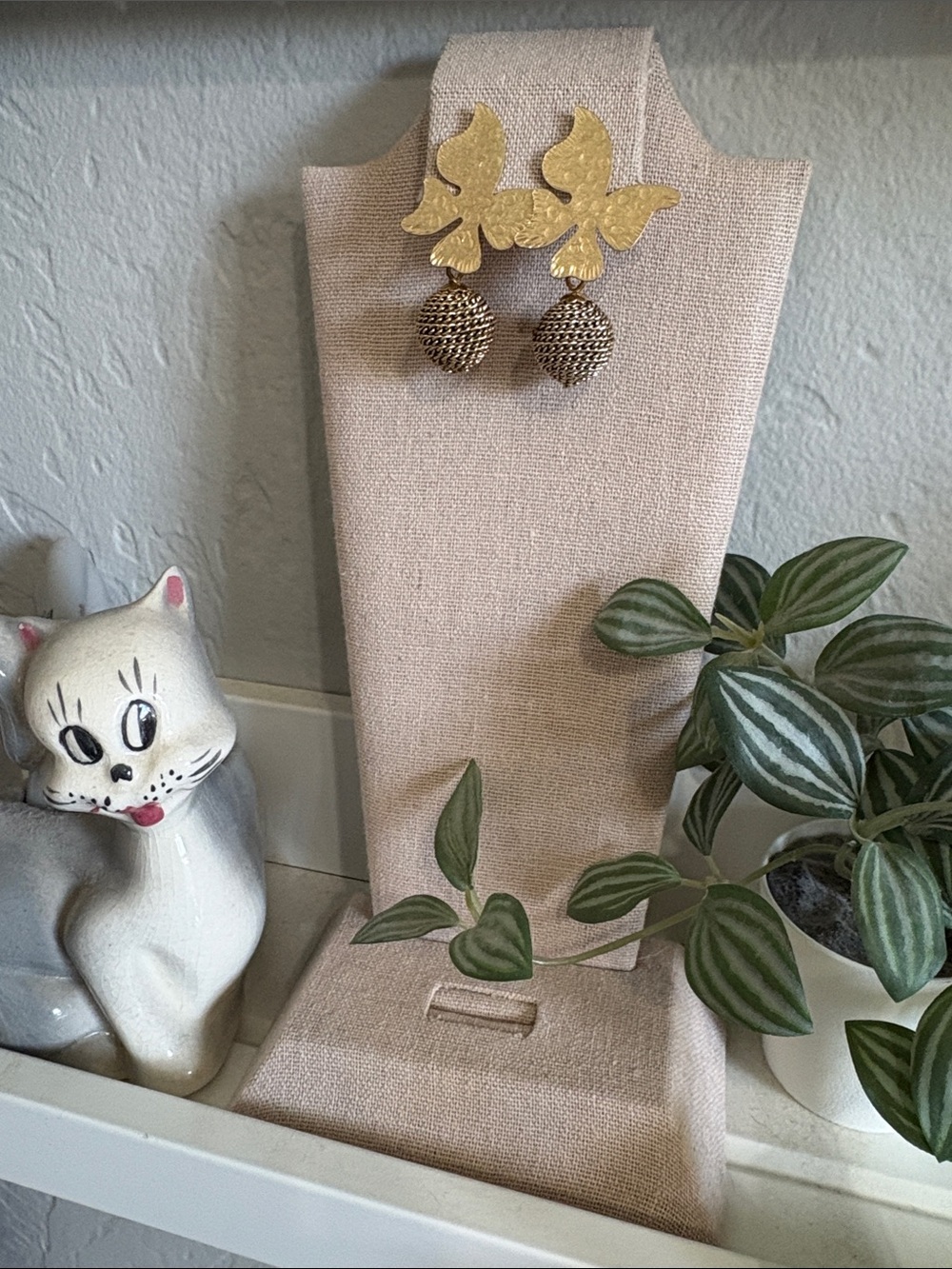 Gold Butterfly Drop Earrings with Textured Spheres
